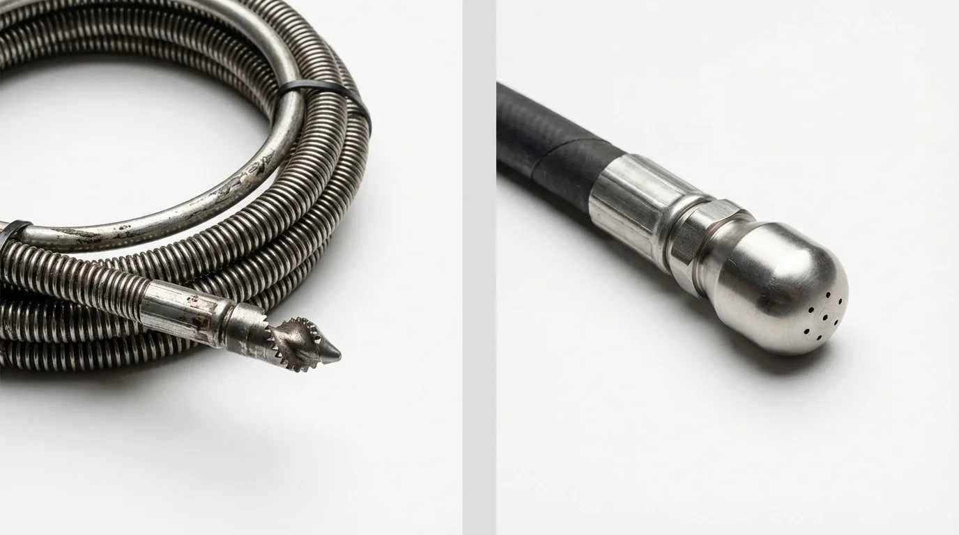 Drain snake cable and hydro jetting nozzle used for drain cleaning in Rochester, IL