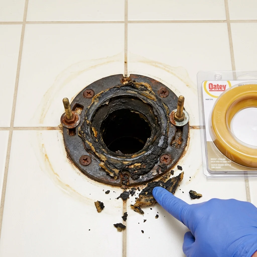 Failed wax ring showing water seepage at the base of a toilet in a Rochester, IL home