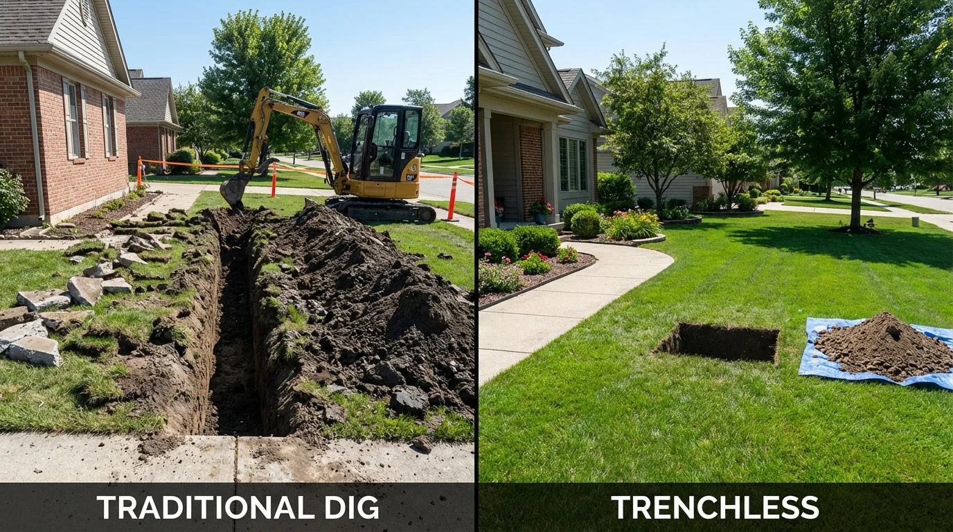 Trenchless sewer repair with minimal yard damage versus traditional excavation in Rochester, IL